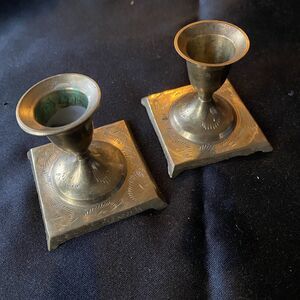 Vintage Mid Century Etched Tapered Candle Holder Set Of 2. Solid Brass. India.